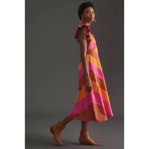 Anthro Love the Label Squared Neck Ruffled Colorblocked Midi Dress Pink